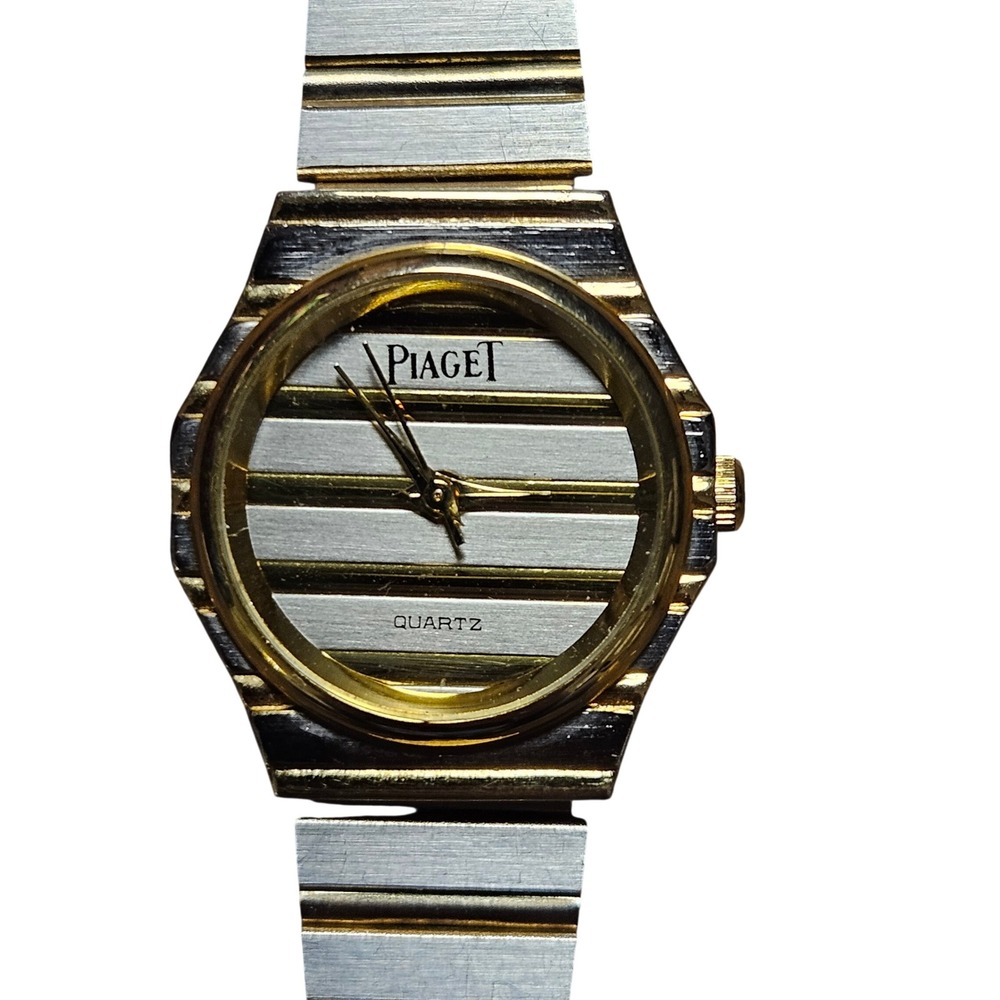 Vintage Piaget Two Tone Stainless Steel Quartz Watch Gadroon Striped Dial Luxury